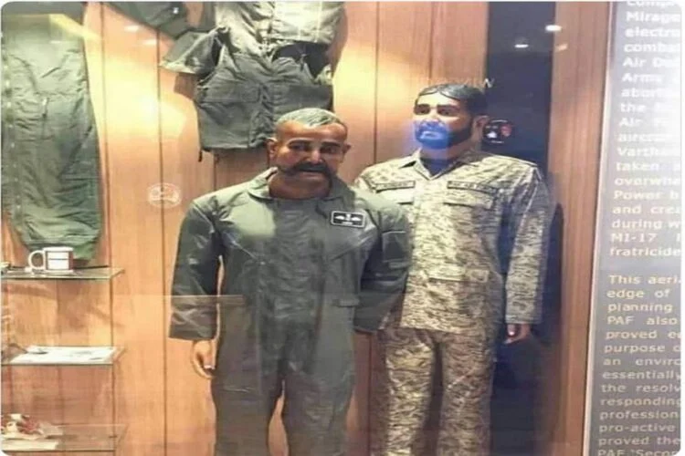 Iaf Abhinandan varthaman's Mannequin displayed with tea cup at Pakistan air force war museum