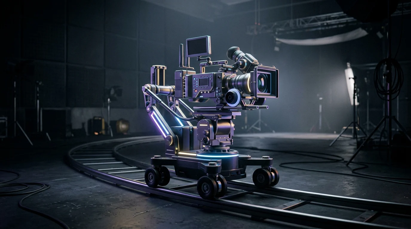 A cinematic 3D camera setup in a dark studio.