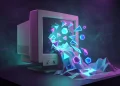 Conceptual art of 1990s low-poly 3D graphics emerging from a retro computer monitor.