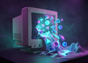 Conceptual art of 1990s low-poly 3D graphics emerging from a retro computer monitor.