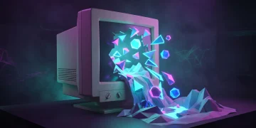 Conceptual art of 1990s low-poly 3D graphics emerging from a retro computer monitor.