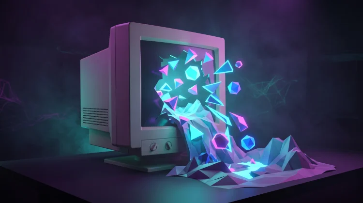 Conceptual art of 1990s low-poly 3D graphics emerging from a retro computer monitor.