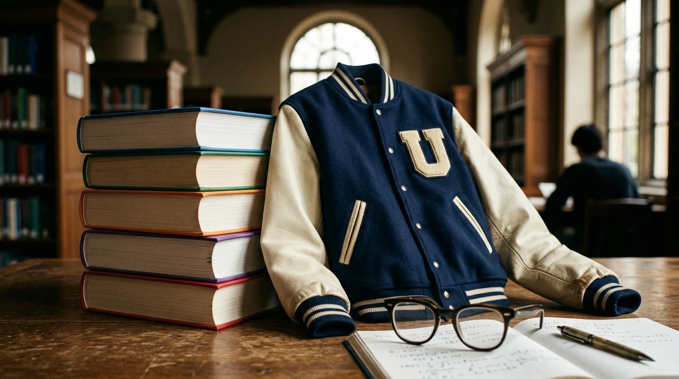 A stack of textbooks and a retro varsity jacket on a wooden surface.