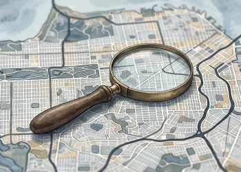 Conceptual illustration of a magnifying glass on a San Francisco map.