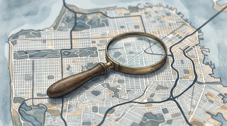 Conceptual illustration of a magnifying glass on a San Francisco map.