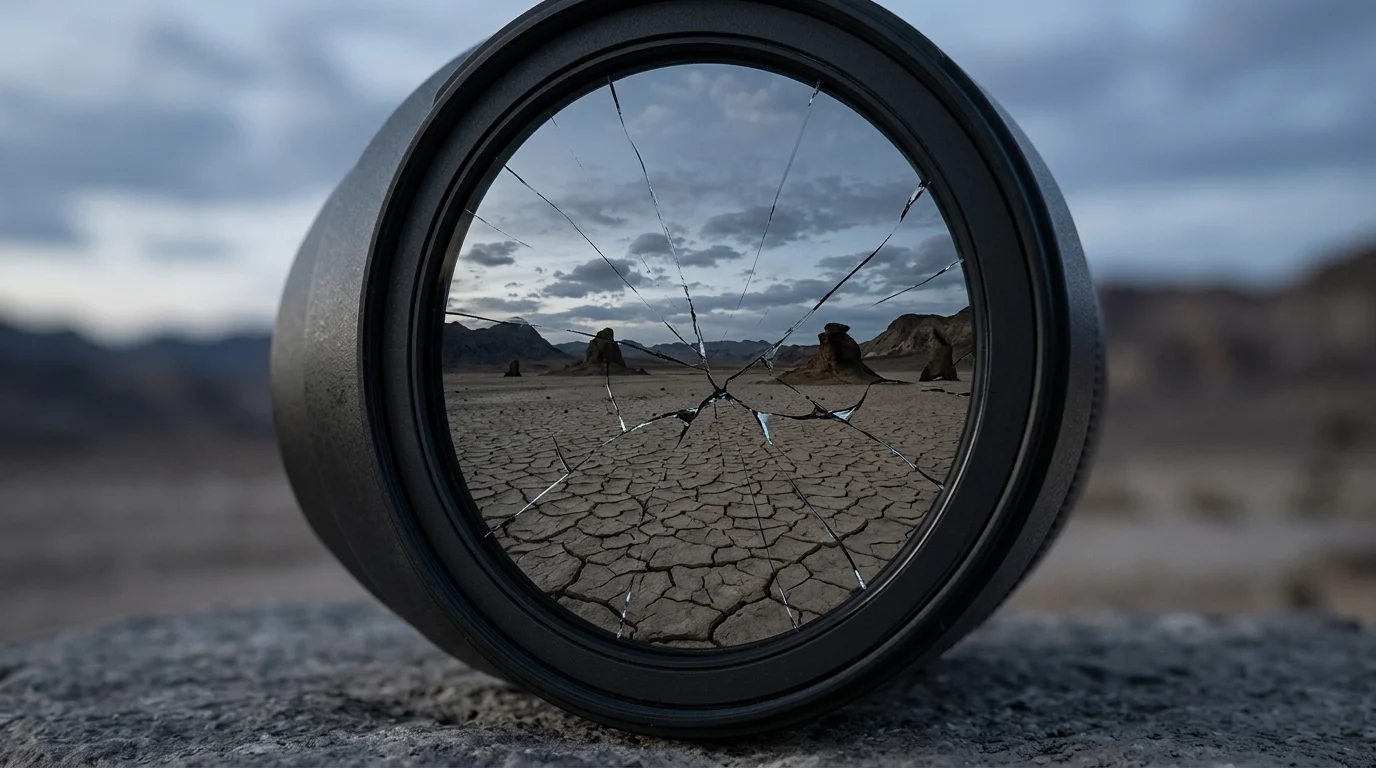 Conceptual art of a cracked desert reflection in a lens.