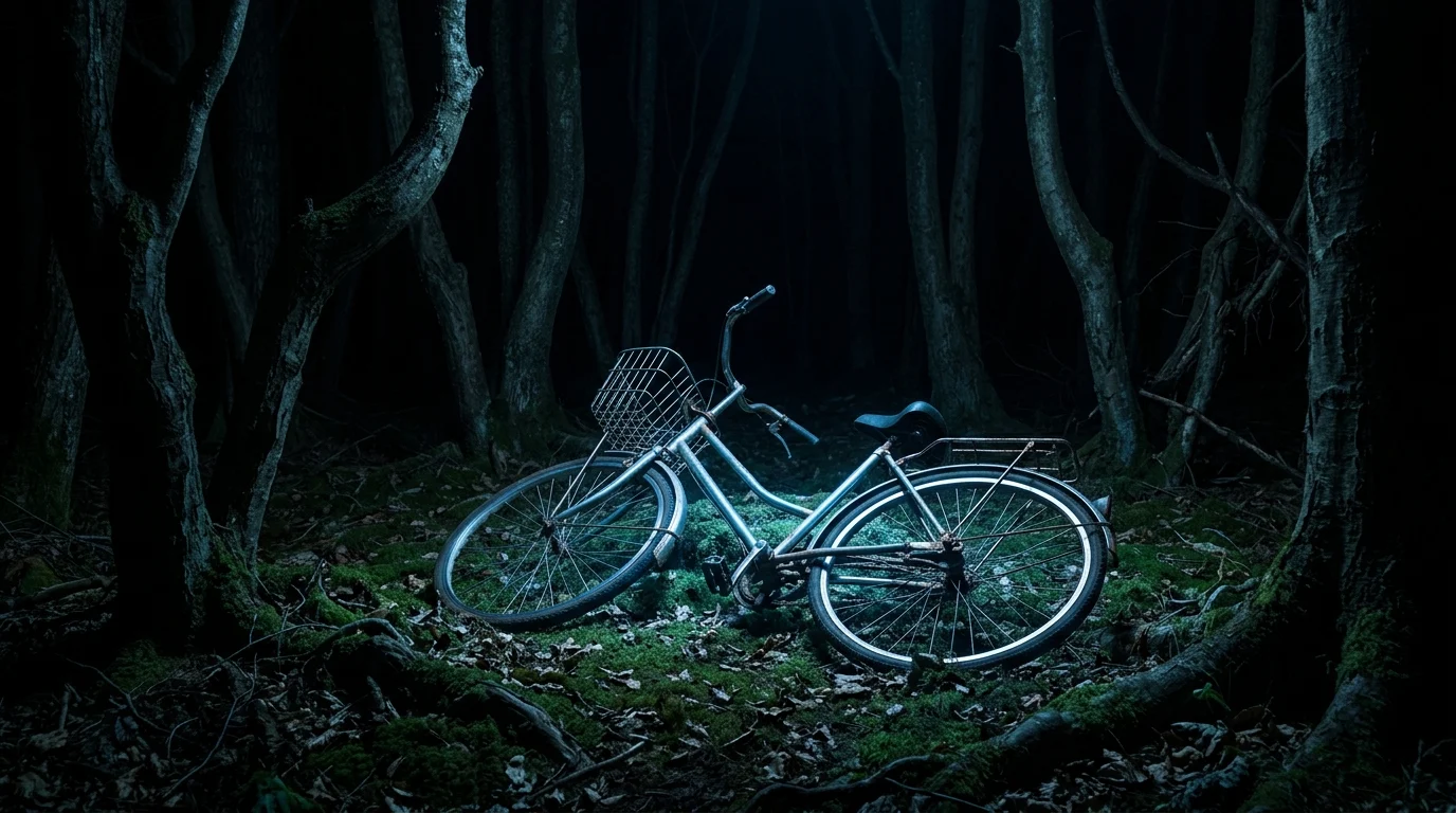A conceptual dark forest with an empty 1980s bicycle.