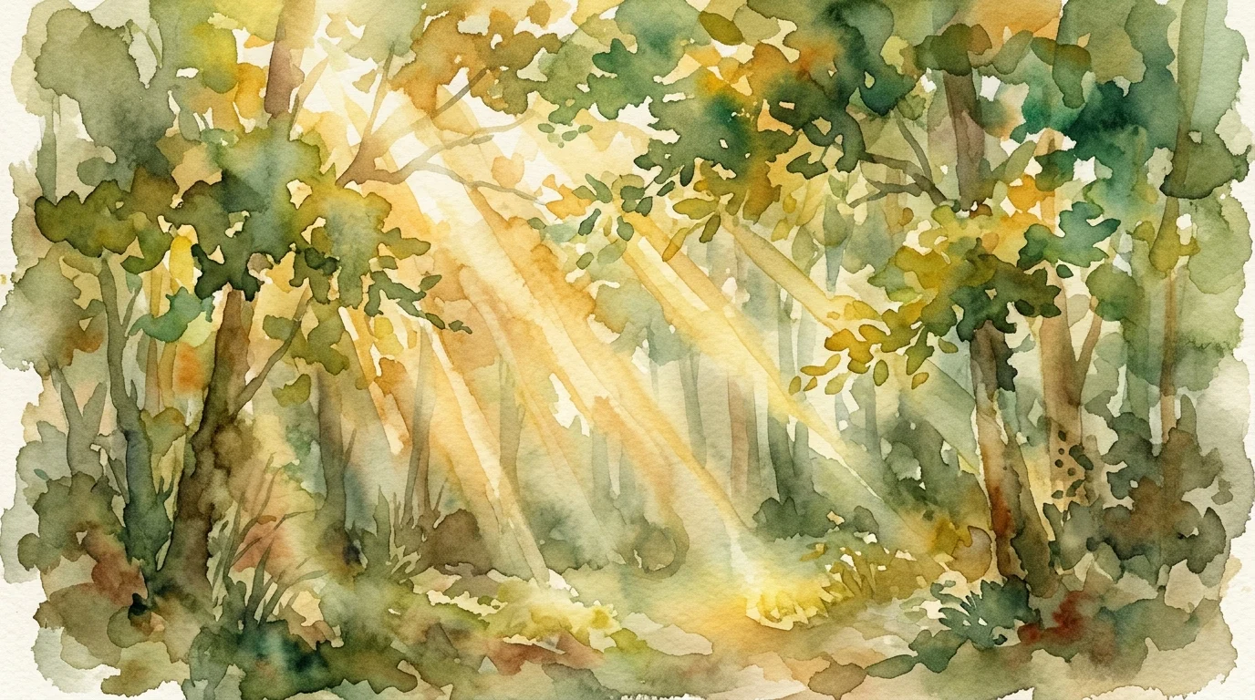 Abstract painting of light rays in a forest.
