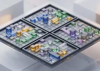 Abstract 3D four-quadrant grid with colored blocks representing a multi-word logic puzzle.