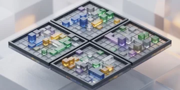 Abstract 3D four-quadrant grid with colored blocks representing a multi-word logic puzzle.