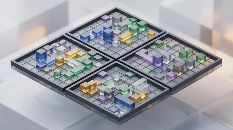 Abstract 3D four-quadrant grid with colored blocks representing a multi-word logic puzzle.