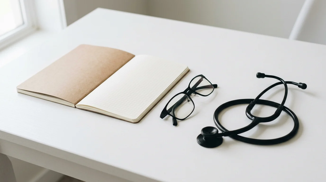 Minimalist desk setup with lab notebook and glasses.