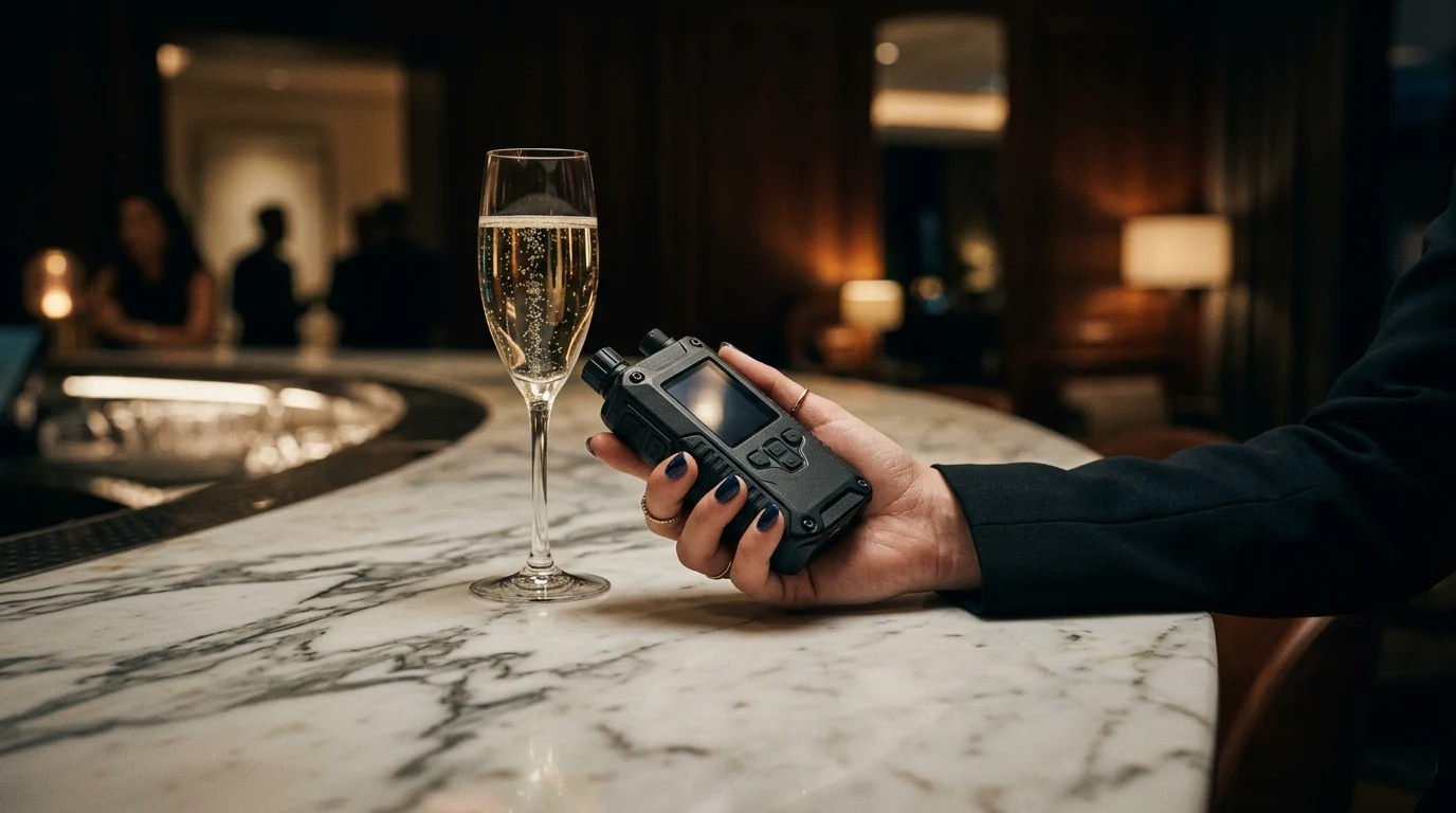 Conceptual image of spy equipment and luxury items on a table.