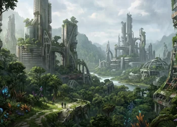 A conceptual digital painting of a post-human Earth landscape with futuristic ruins and overgrown vegetation.