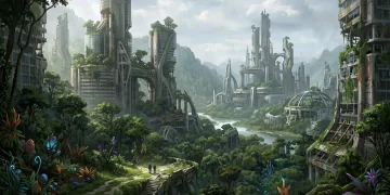 A conceptual digital painting of a post-human Earth landscape with futuristic ruins and overgrown vegetation.