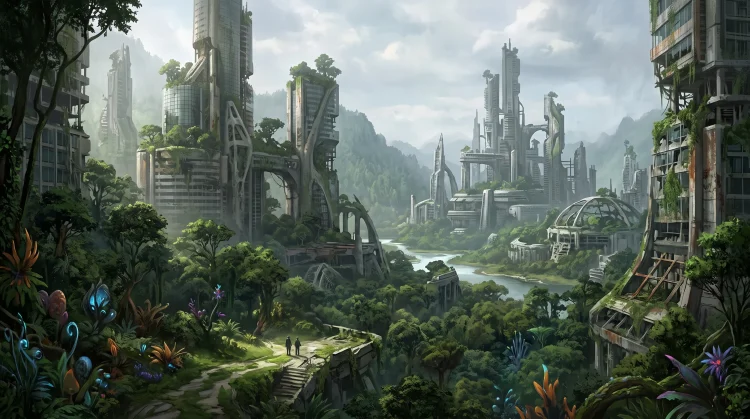 A conceptual digital painting of a post-human Earth landscape with futuristic ruins and overgrown vegetation.