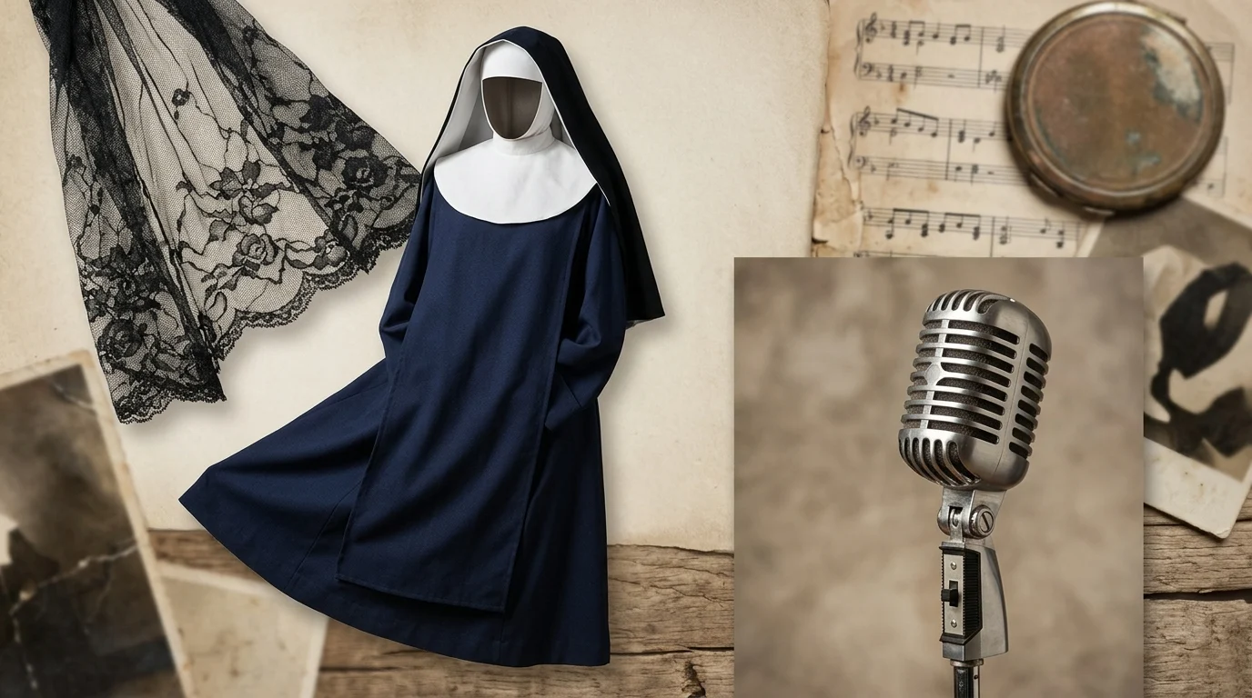 A conceptual collage featuring a nun's habit, a vintage microphone, and a black veil.
