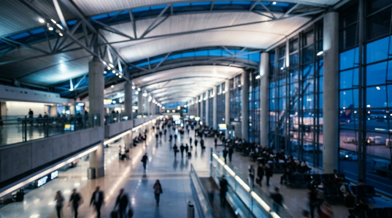 A blurred conceptual view of an airport terminal interior.