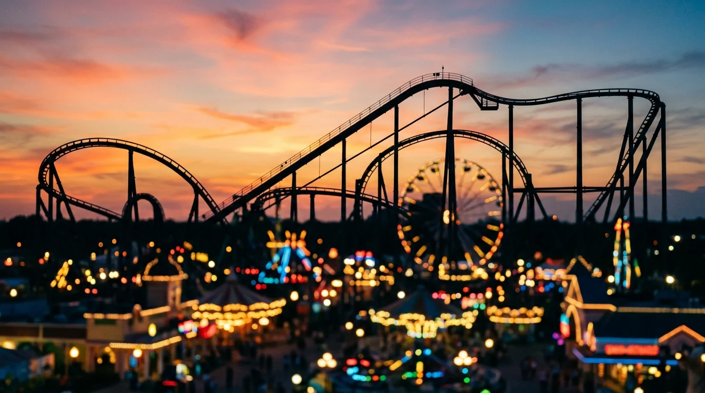 A blurred amusement park skyline representing a public outing at Six Flags.