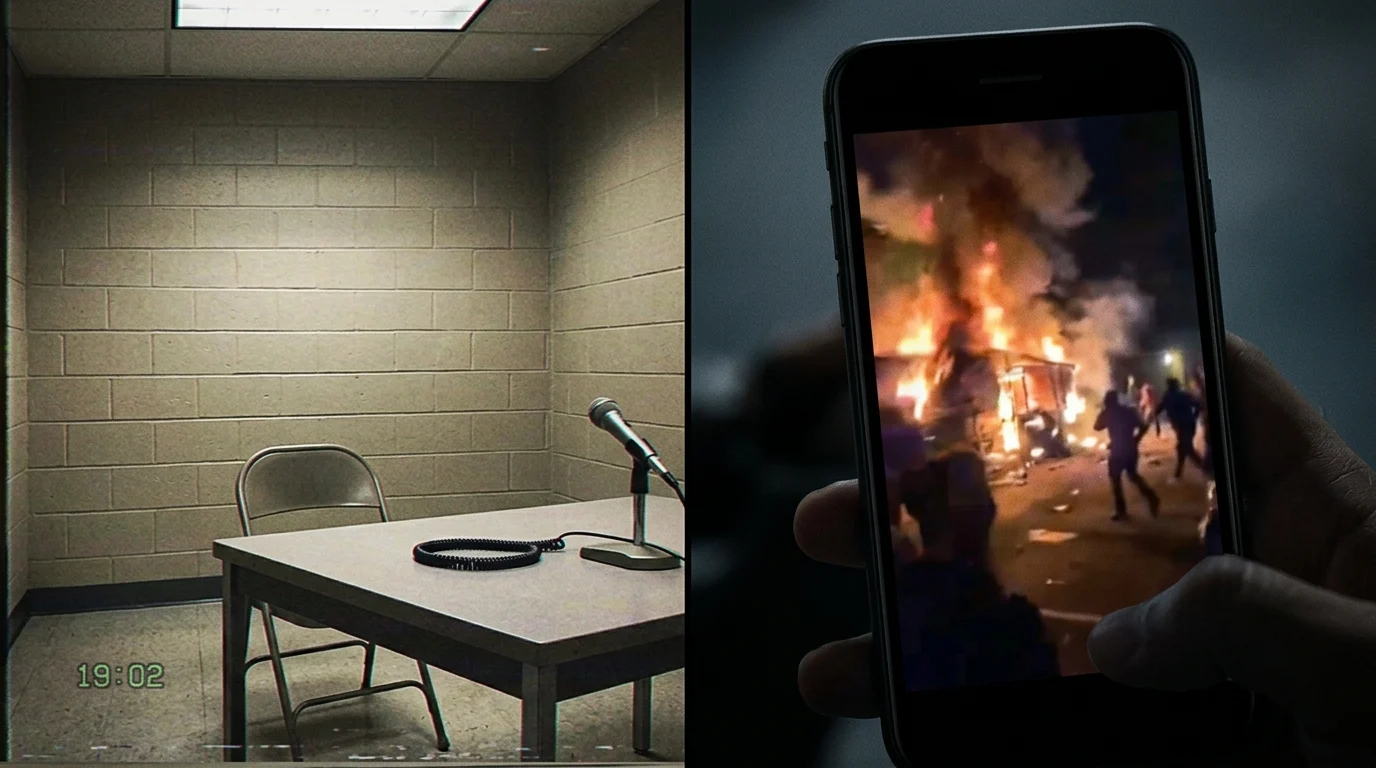 A split image of an analog interview room and a modern smartphone live stream.
