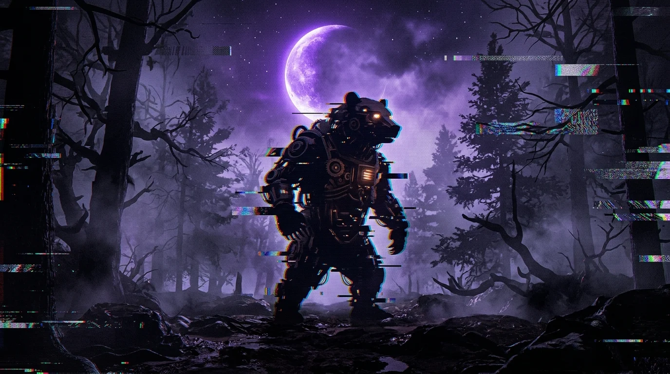 Mechanical silhouette in a dark forest.