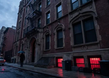 A dark Gothic building in New York City with an eerie red light emanating from the basement.