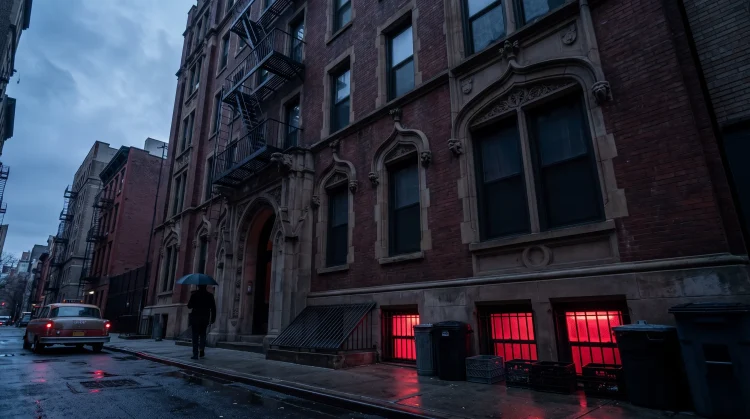 A dark Gothic building in New York City with an eerie red light emanating from the basement.