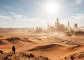 A vast desert landscape on Arrakis featuring futuristic industrial machinery and heat distortion.