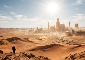 A vast desert landscape on Arrakis featuring futuristic industrial machinery and heat distortion.