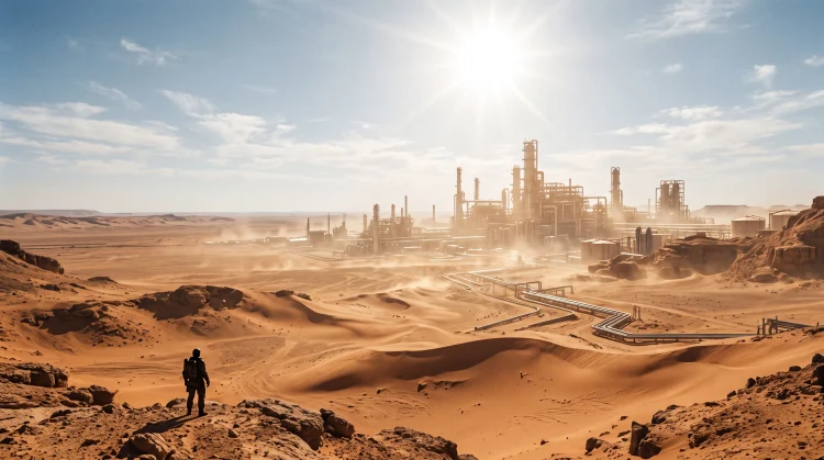A vast desert landscape on Arrakis featuring futuristic industrial machinery and heat distortion.