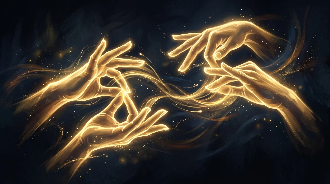 Ethereal golden light trails in the shape of hands performing sign language.