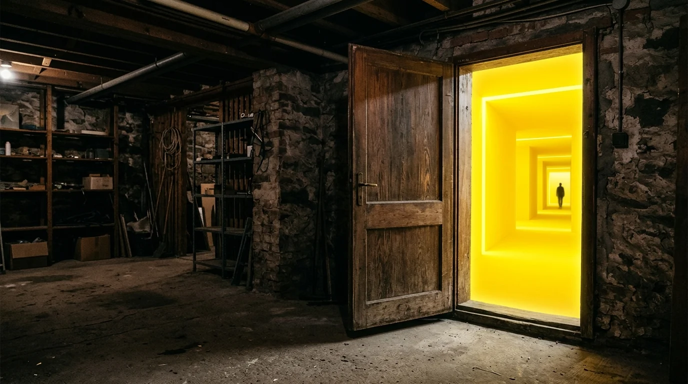 A basement doorway opening into a brightly lit yellow room.