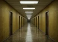 A yellow-toned empty office hallway representing a liminal space.
