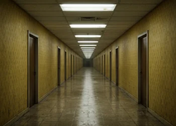A yellow-toned empty office hallway representing a liminal space.