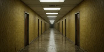 A yellow-toned empty office hallway representing a liminal space.