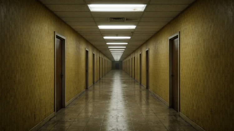 A yellow-toned empty office hallway representing a liminal space.