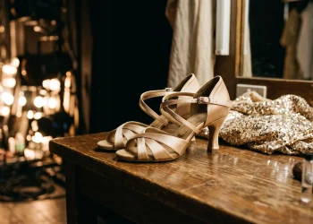 Professional ballroom dance shoes and a sequined costume on a dressing table.