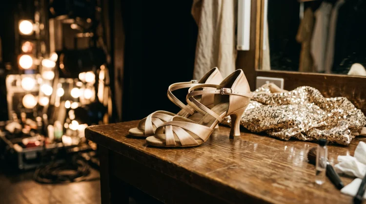 Professional ballroom dance shoes and a sequined costume on a dressing table.
