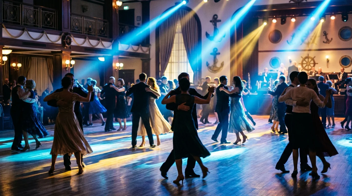 An empty illuminated ballroom dance floor.