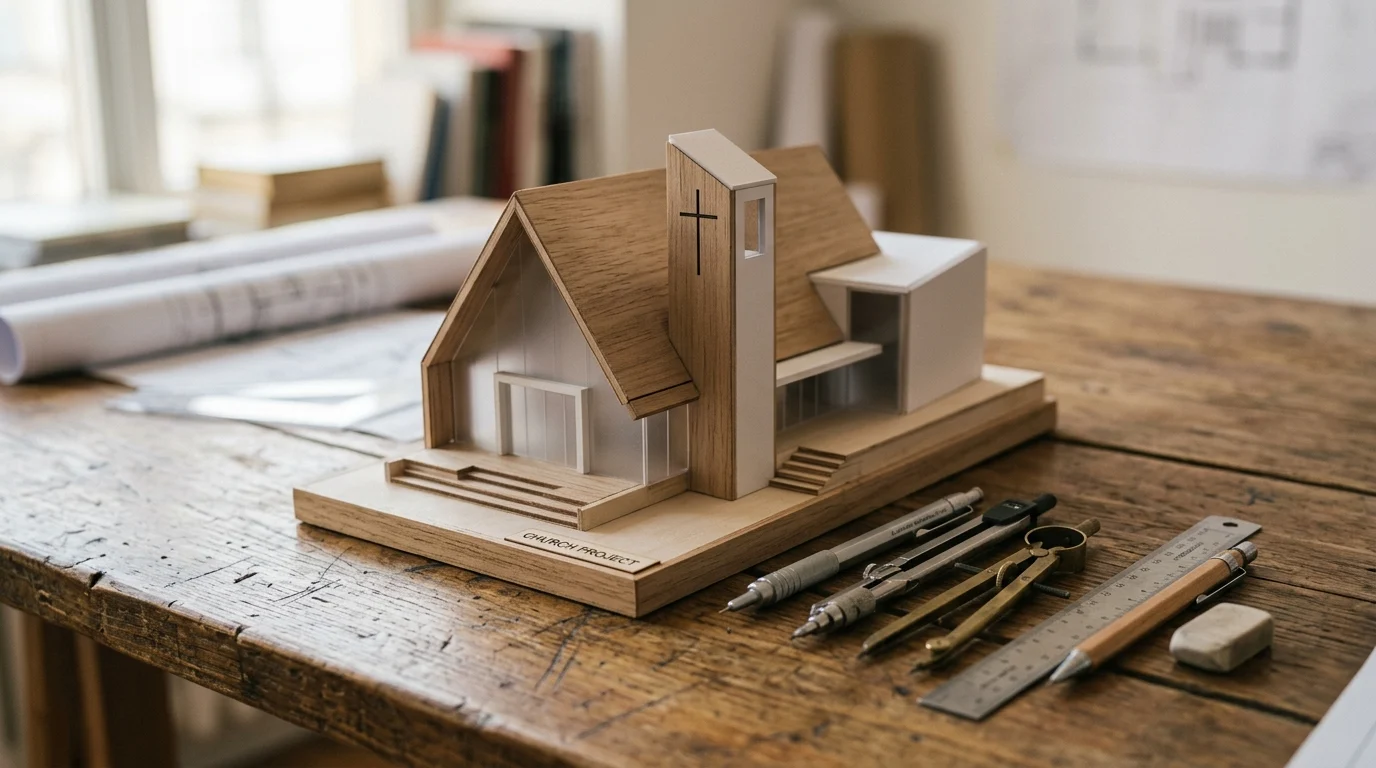 Conceptual architectural model of a church and drafting equipment.