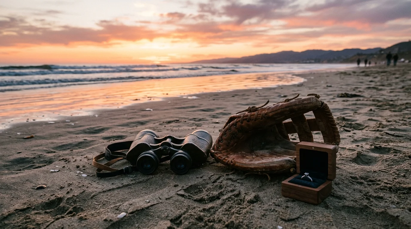 A conceptual scene of a beach proposal combined with baseball elements.