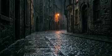 A moody, rainy street scene in a Northern Irish city at night.