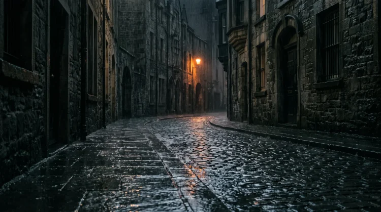 A moody, rainy street scene in a Northern Irish city at night.