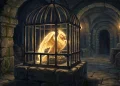 A golden bird inside a locked iron cage on a stone pedestal.