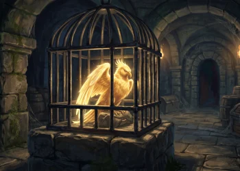 A golden bird inside a locked iron cage on a stone pedestal.
