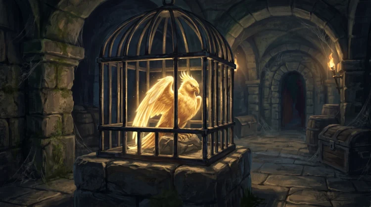 A golden bird inside a locked iron cage on a stone pedestal.