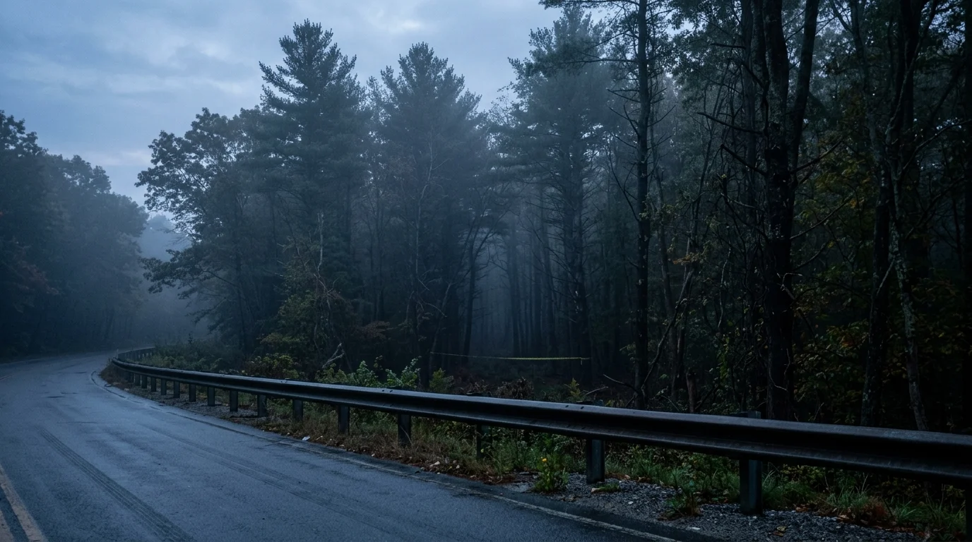 A conceptual view of a wooded area in Massachusetts under evening mist.