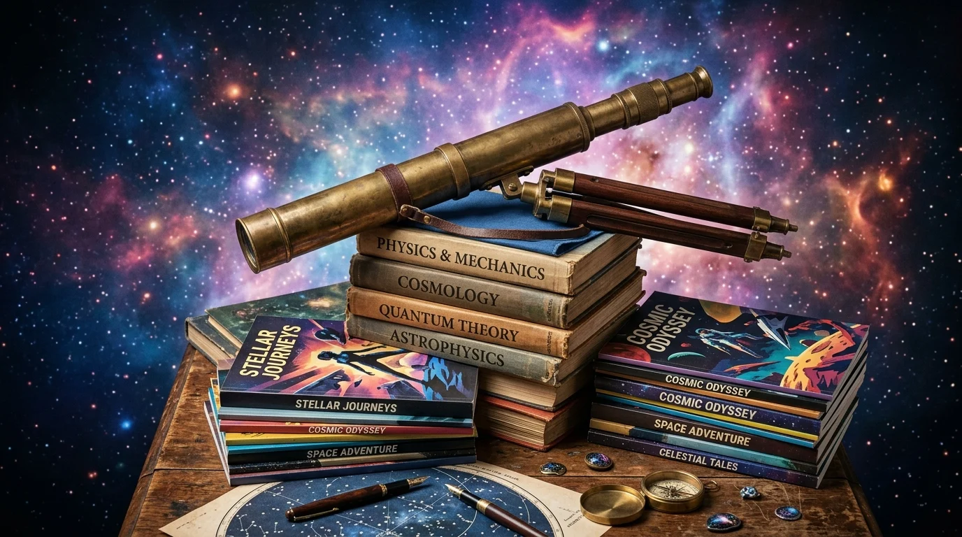 A telescope on a pile of science books and comic books with cosmic lighting