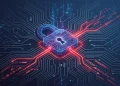 Conceptual illustration of a digital data leak with red binary streams flowing from a broken lock icon.
