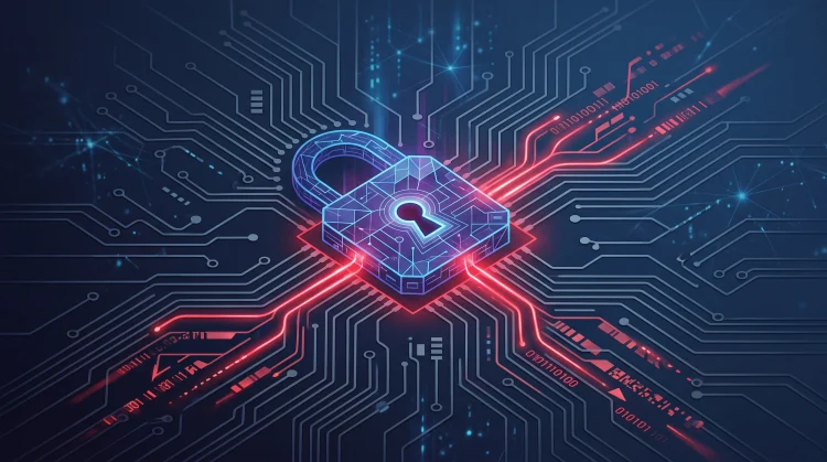 Conceptual illustration of a digital data leak with red binary streams flowing from a broken lock icon.